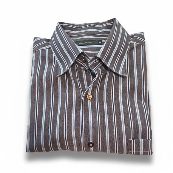 Ermenegildo Zegna Dress Shirt Men's XL Brown Blue Stripe 100% Cotton Business - Picture 2 of 10